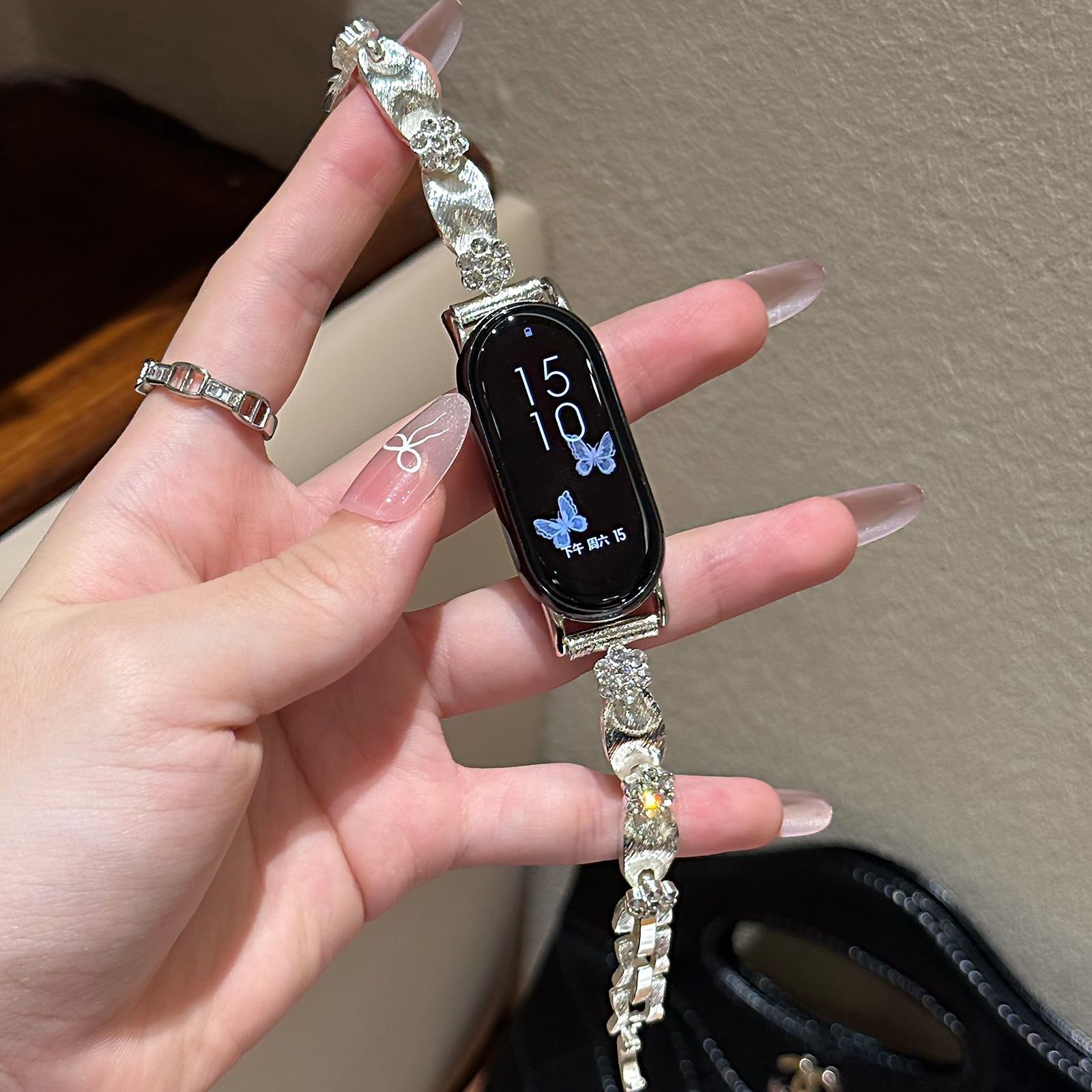 秋季新款适用小米10表带丝绸花朵小米9/8/7nfc爆闪手表带女款链条