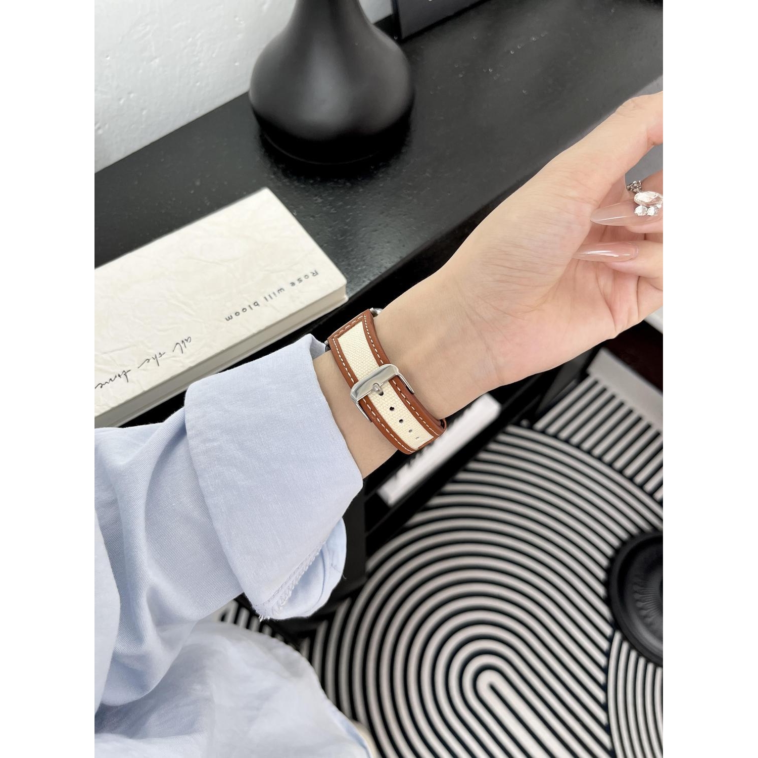 复古小米9pro8pro表带红米watch5watch4真皮ins风小众手腕带拼接