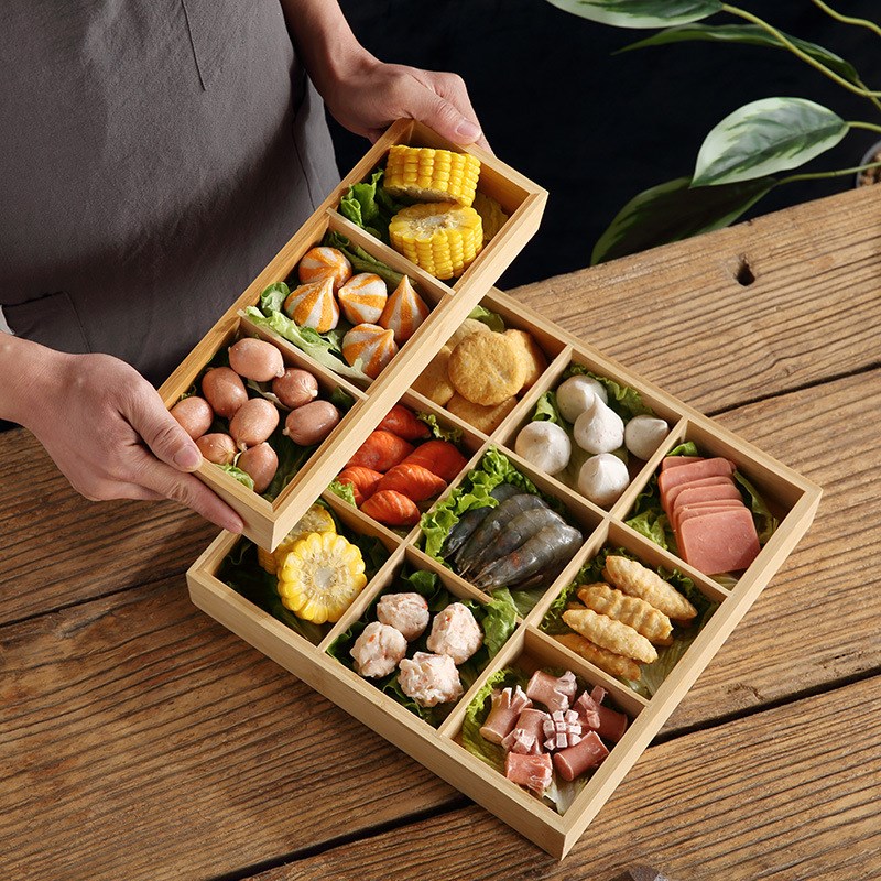 中式竹木盘九宫j格托盘火锅拼盘九格烤肉餐具餐盘分格组合盘子套