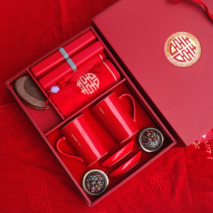 结婚刷牙杯陶瓷洗漱杯陪嫁妆x礼盒套装牙缸红色漱口杯情侣一对礼