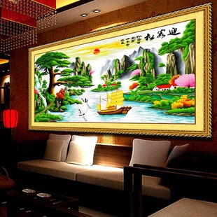 迎客松财运版 饰画客厅大画绣好八方聚U财流水生财带 十字绣成品装