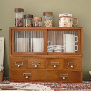 木质桌面收纳g盒茶具水杯展示架子复古办公室印章杂物抽屉式储物