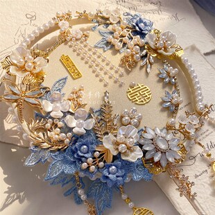 婚礼喜扇dNiy材料包出嫁成品手捧 如壹手作蓝色秀禾服团扇新娘中式