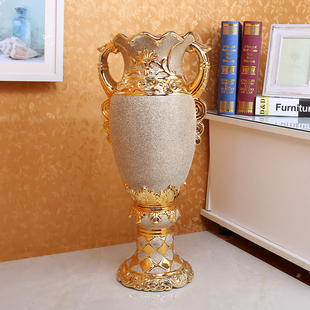 陶瓷花瓶落地高k脚宽口金色奢华奖杯状客厅电视柜旁花器大号摆件