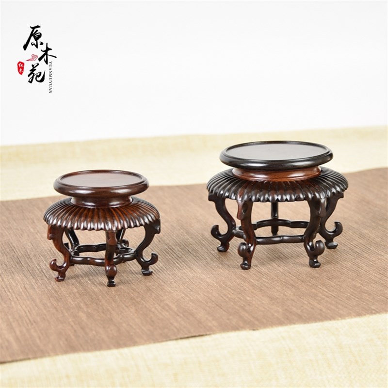 大红酸枝a圆形实木花瓶摆件微型盆景底座工艺品花盆石头托架小香