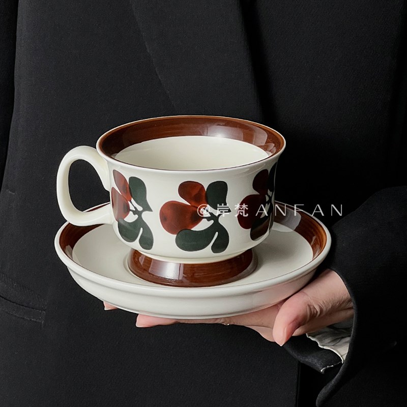 岸梵*中古创意陶瓷咖啡杯碟套装精致下午茶手绘马克W杯带把手水杯