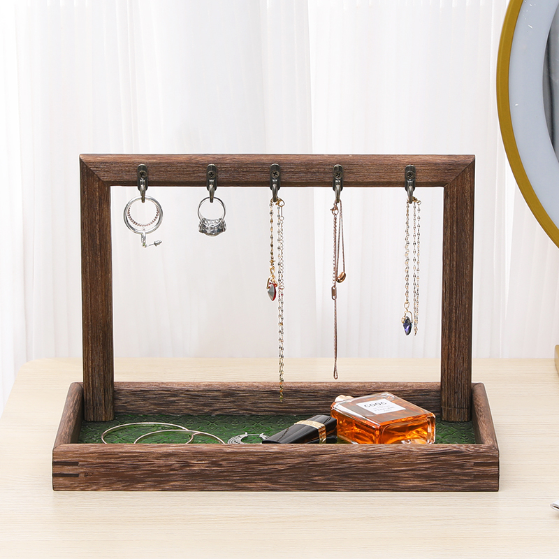 实木桌面挂c钩式 玄关入门钥匙收纳摆件 首饰海棠玻璃桌面收纳托