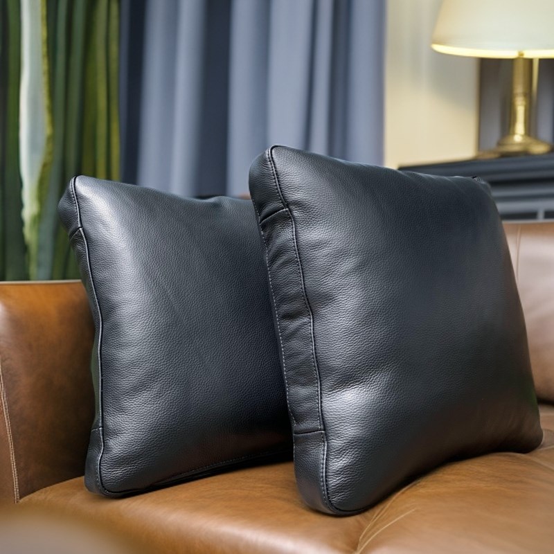 黑色全真皮沙发抱枕靠垫汽车腰垫办公椅H腰枕羽绒枕芯豆腐块状方