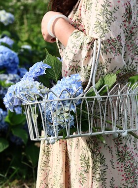 复古做旧防锈处理白色 q铁艺花瓣手提篮 花边椭圆野餐篮蔬菜收纳