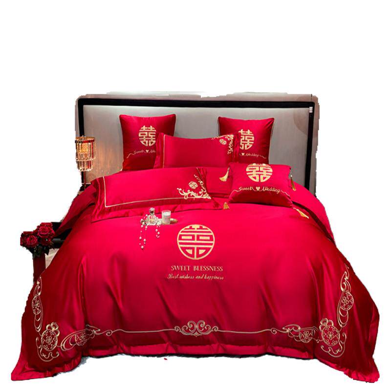 高端中式婚庆100支纯棉四件套大红被套刺绣结婚房床上用品六件套