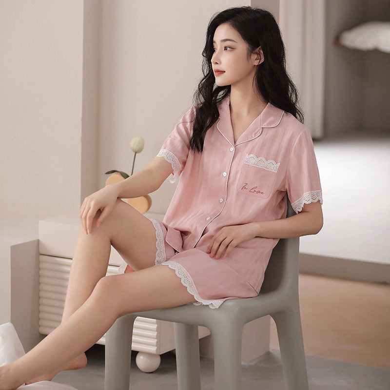 睡衣女夏季冰丝短袖开衫翻领仿真