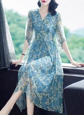 46535春夏新款女真碎花裙子桑蚕丝印花长裙短袖海边氛围连衣裙