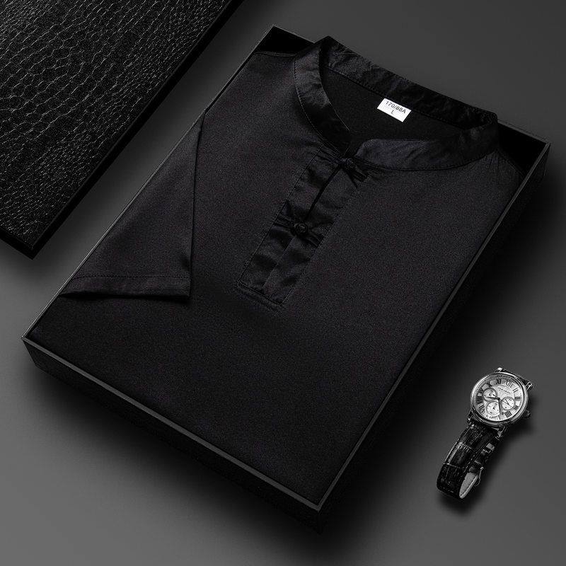 桑蚕丝男式T恤夏季短袖新款中青年时尚休闲立领T恤真丝体恤男半袖