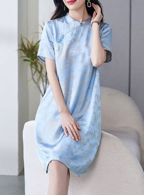 69572深圳南油 小个子浅蓝色人丝花罗香云纱提花连衣裙女夏高级感