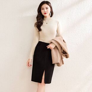 28638双面呢半身裙女士秋冬新款高腰前开叉羊绒包臀中长裙子显瘦