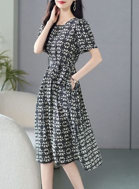 小香风46826女装夏季高级感系带印花真丝桑蚕丝连衣裙女夏长裙