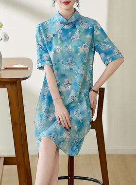 69476 国风时尚新中式高端真丝桑蚕丝改良旗袍真丝连衣裙女