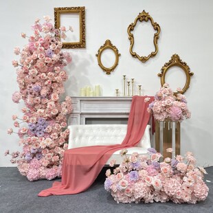 新款婚庆道具假花仿真花花柱铁艺拱门架子户外草坪婚礼舞台花艺