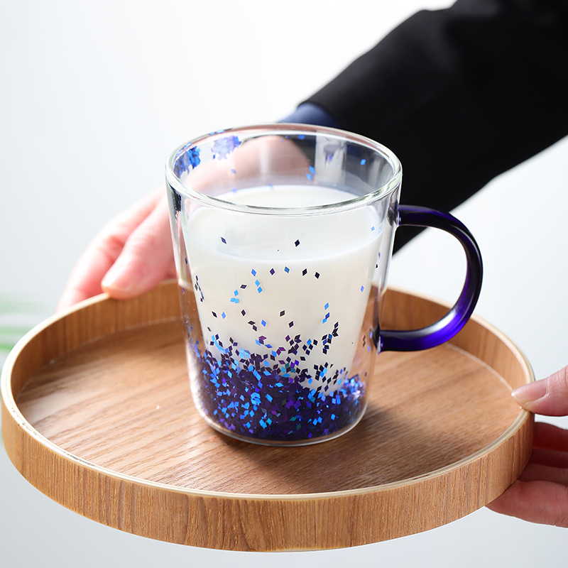 厂家销售双层隔热夹层亮片玻璃水杯 250ml高硼硅玻璃把双层玻璃杯