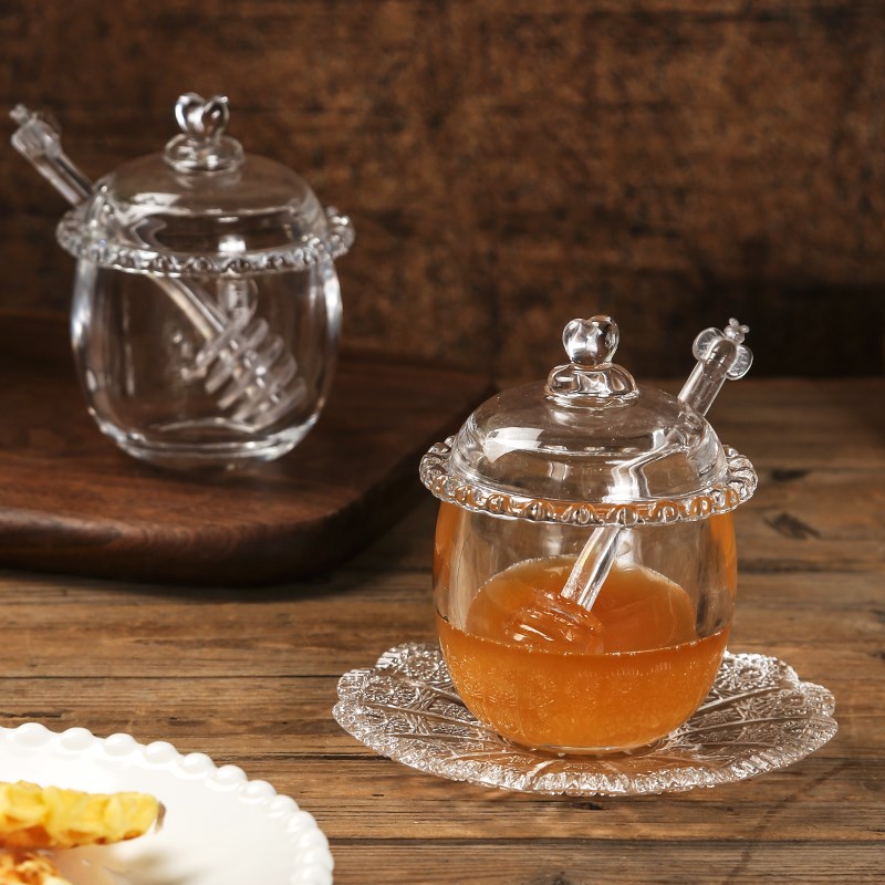 欧式透明玻璃糖罐蜂蜜壶带盖收纳罐带搅拌棒果酱储物罐创意罐子