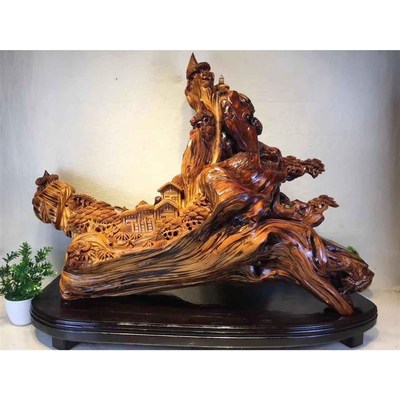 山里人家太行山崖k柏根雕摆件山水倒流香工艺品木雕弥勒达摩观音