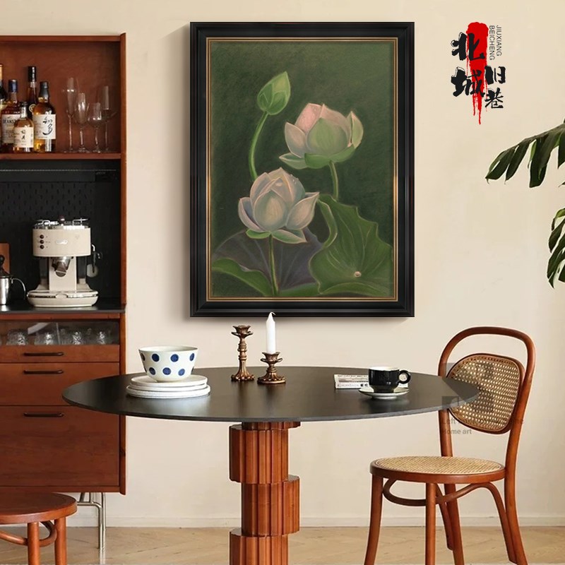 客厅中古风荷花手绘油画复古中式高级感玄关餐厅装饰画.背景墙挂图片