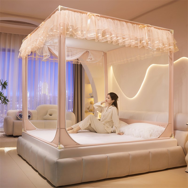 A类坐床拉链防摔蚊帐家用公主风B花边三开门防掉床全封闭加厚支架