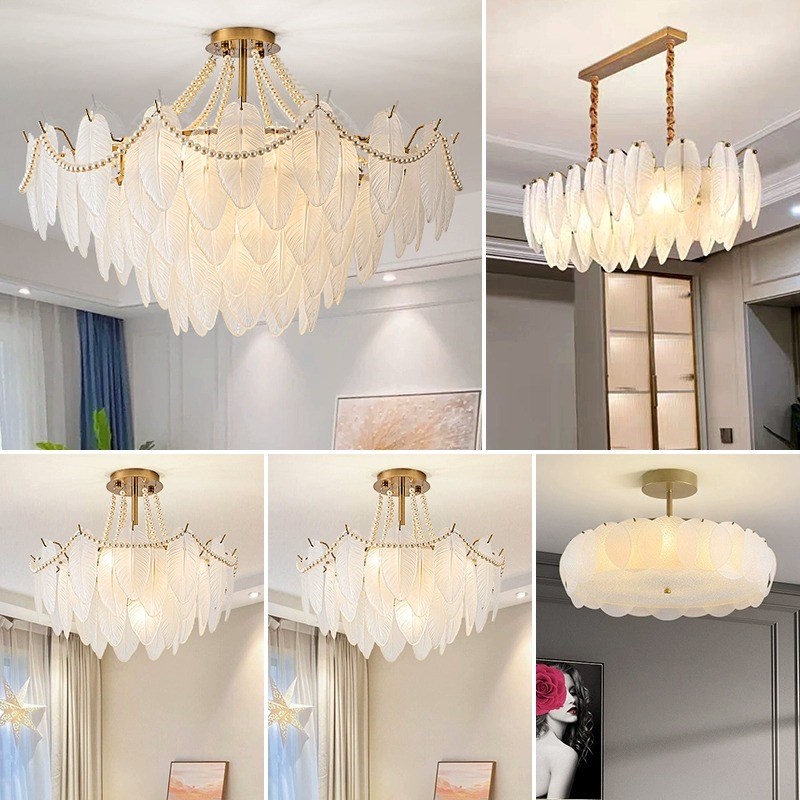 法式奶油风客厅吊灯主o卧室灯轻奢羽毛珍珠网红2023年新款中山灯