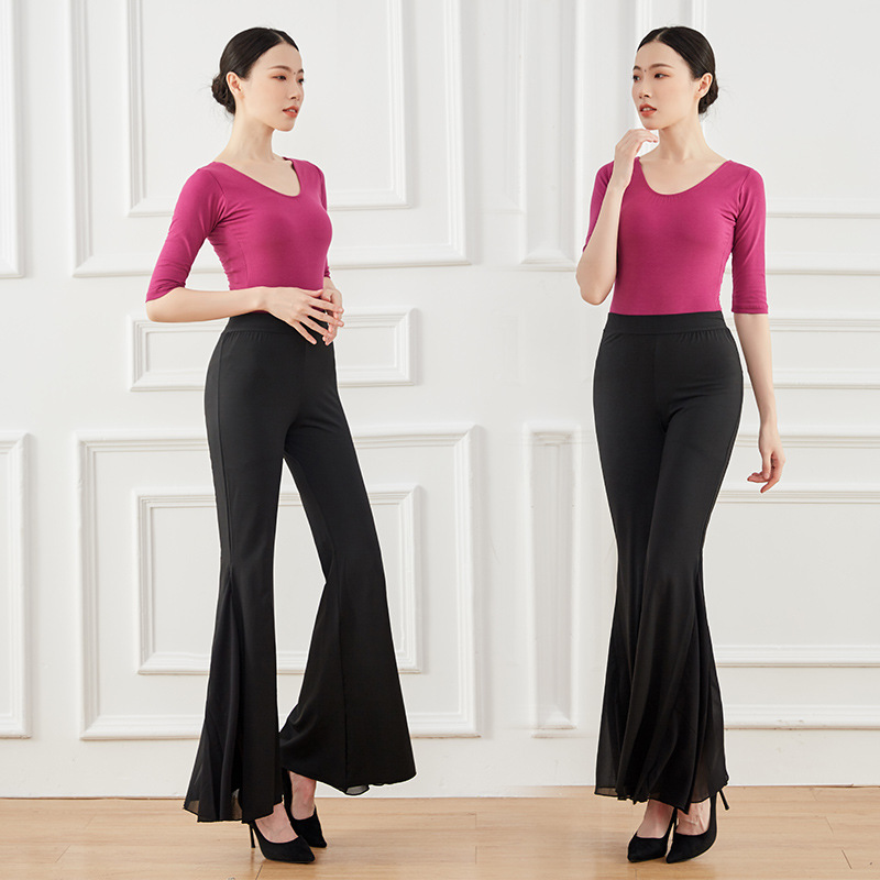 新款舞蹈练功服女连体衣拼接网纱黑形体服模特走秀礼仪训练服暗扣