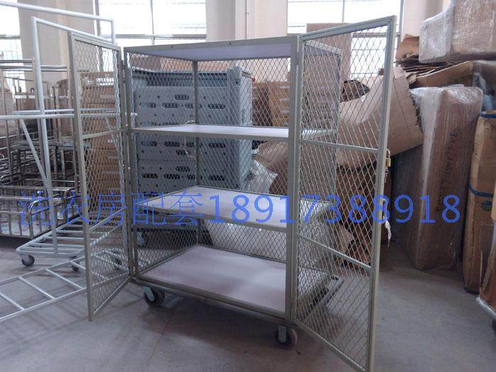洗衣房网状型布草车/洗衣厂布草笼车带门带锁/布草层架车