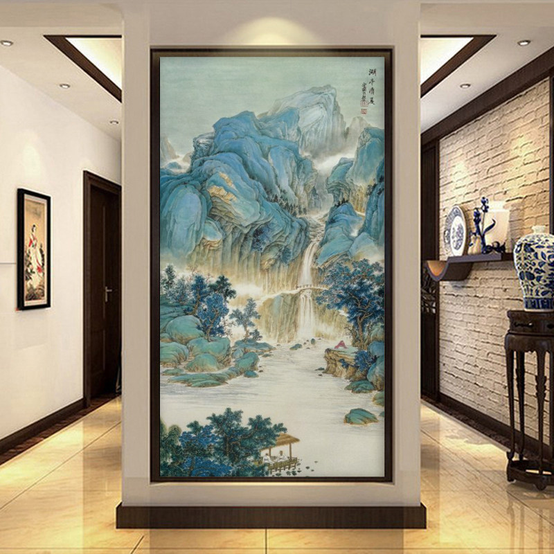新中式入门玄关装饰画过道竖版流水生财壁画背景墙墙纸壁纸墙布3c