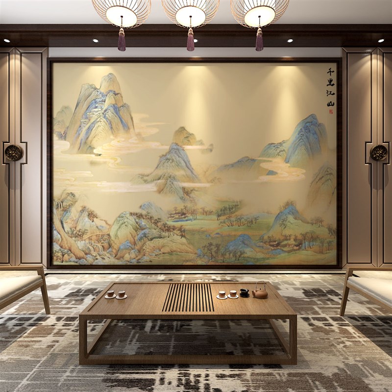 新中式墙布千里江山图壁纸汉服拍照摄影壁画餐厅饭店茶室背景墙纸