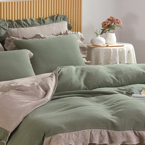 a类母婴亲肤色织双层纱夹棉牀盖四件套棉柔吸湿透气四季纯棉牀品