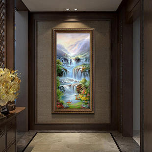 走廊过道装 美式 纯手绘欧式 玄关油画风景山水瀑布聚宝盆中式 饰挂画