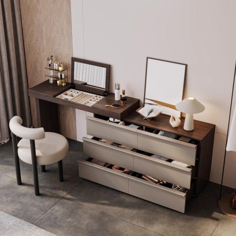 中古风主卧床尾斗柜妆台一体现代简约梳妆台镜子隐翻盖式化妆台