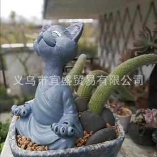 极速2023新款跨境新款坐禅猫黑色橘色灰色三色打坐胡须猫树脂摆饰