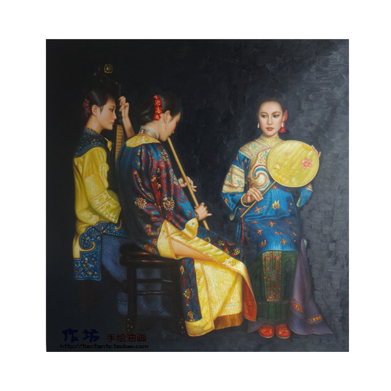 新品手绘油画陈逸飞浔阳遗韵白居易琵琶古典五美奏乐古典仕女肖像