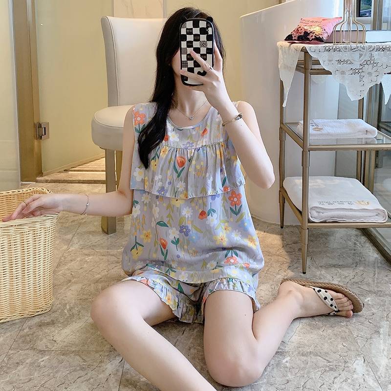 睡衣女款大码防凸点女士夏季超薄款纯棉绸夏天背心短裤无袖套装家