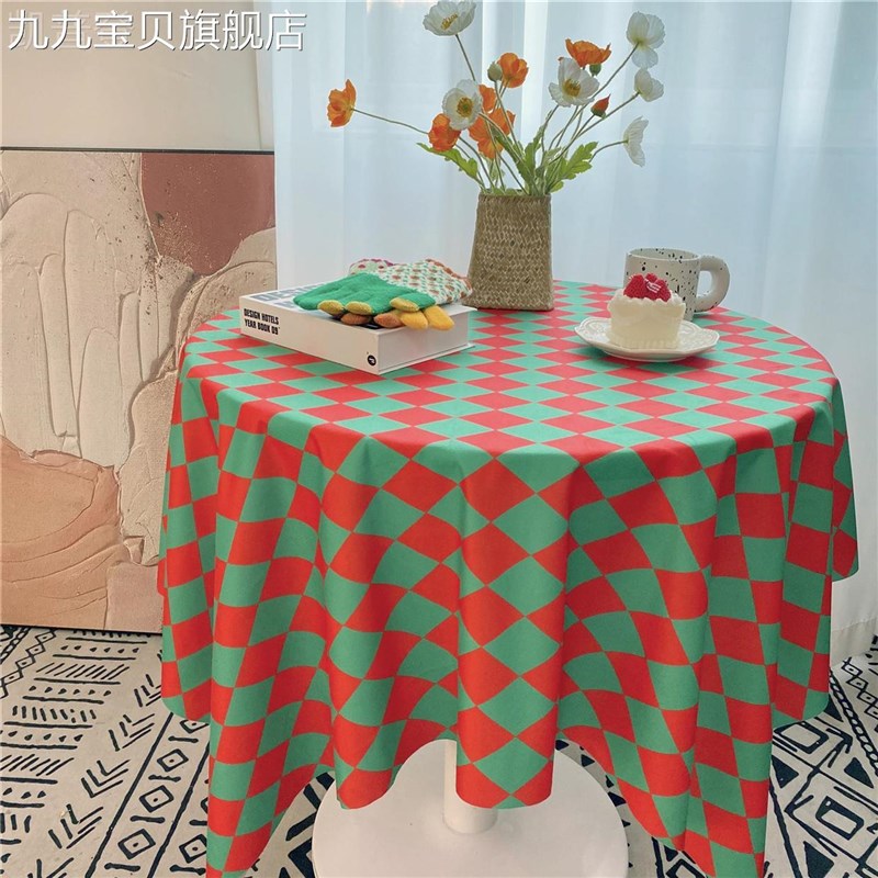 ins复古美式菱形黑白棋盘格子桌布小圆桌长方形装饰茶边几餐桌布