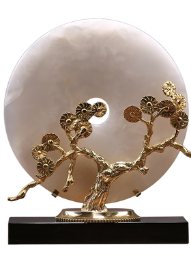 新中式玉石平安扣黄铜金钱树摆件客厅玄关书房摆设酒柜装饰品招财