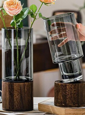 创意木底座花瓶简约原色玻璃水培鲜花客厅餐桌插花装饰样板间摆件