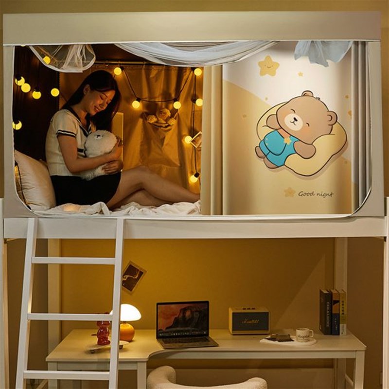 强遮光大学生学校宿舍三开门蚊帐新款防摔J上下铺床帘一体式全封u