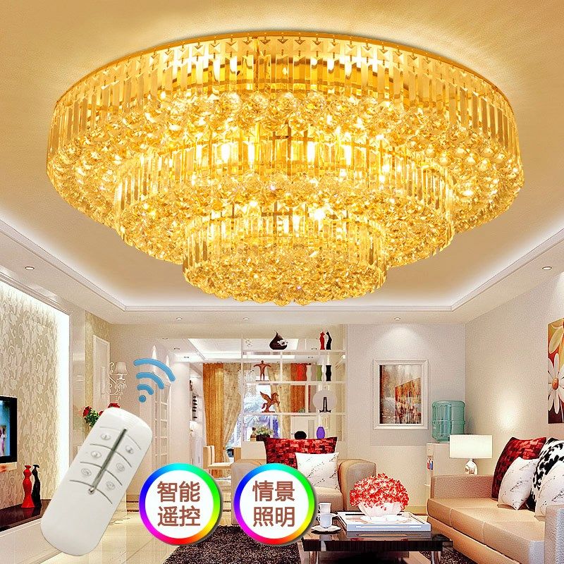 金色大气水晶灯客厅圆形led吸顶灯酒店大厅灯饰欧式餐厅卧室灯具