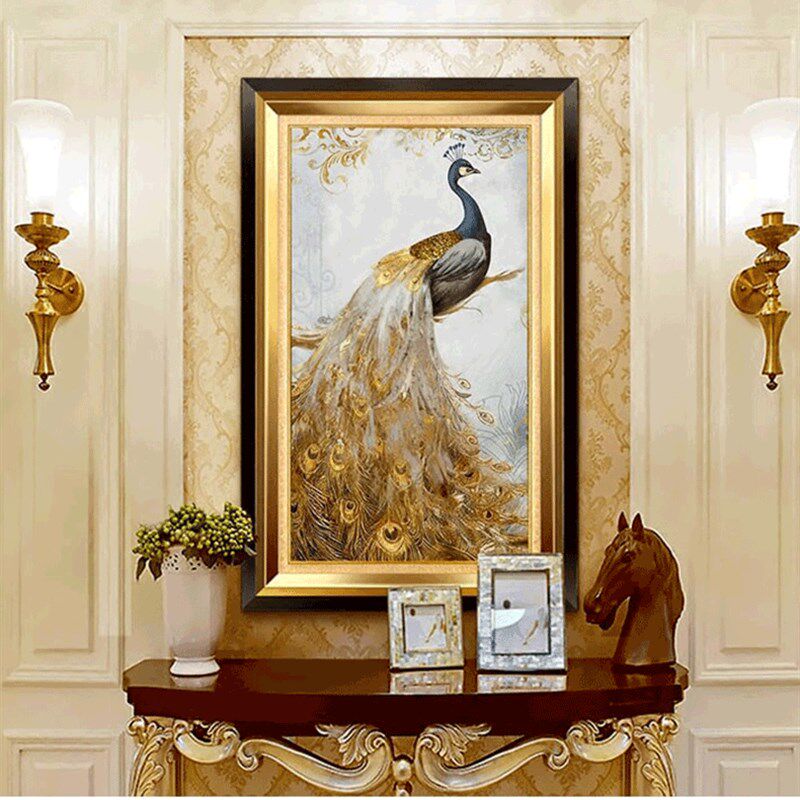5d钻石画玄关走廊竖版富贵孔雀贴钻十字绣客厅新款满钻钻石绣欧式