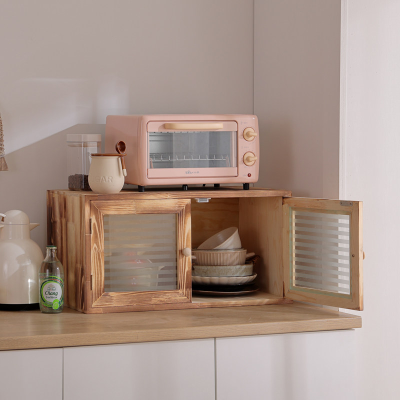 家用小碗柜厨房储物柜 松木蔬菜柜实木质餐边柜玻璃调料柜收纳柜