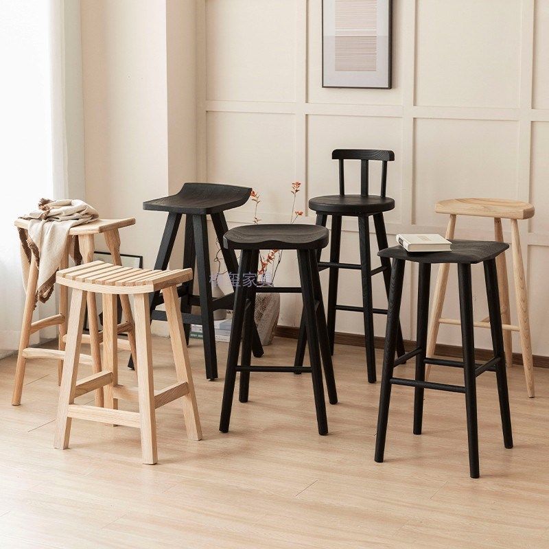侘寂风黑色实木吧台椅轻奢家用白蜡木高脚凳吧台凳原木靠背休闲椅,住宅家具,家用高脚椅,淘宝优惠券,粉丝福利购,淘宝优惠卷