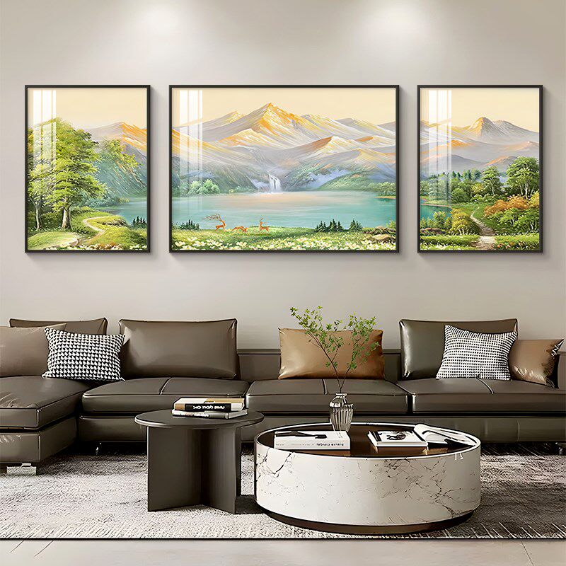 聚宝盆客厅装饰画轻奢高级感沙发背景墙挂画西墙聚财山水三联壁画