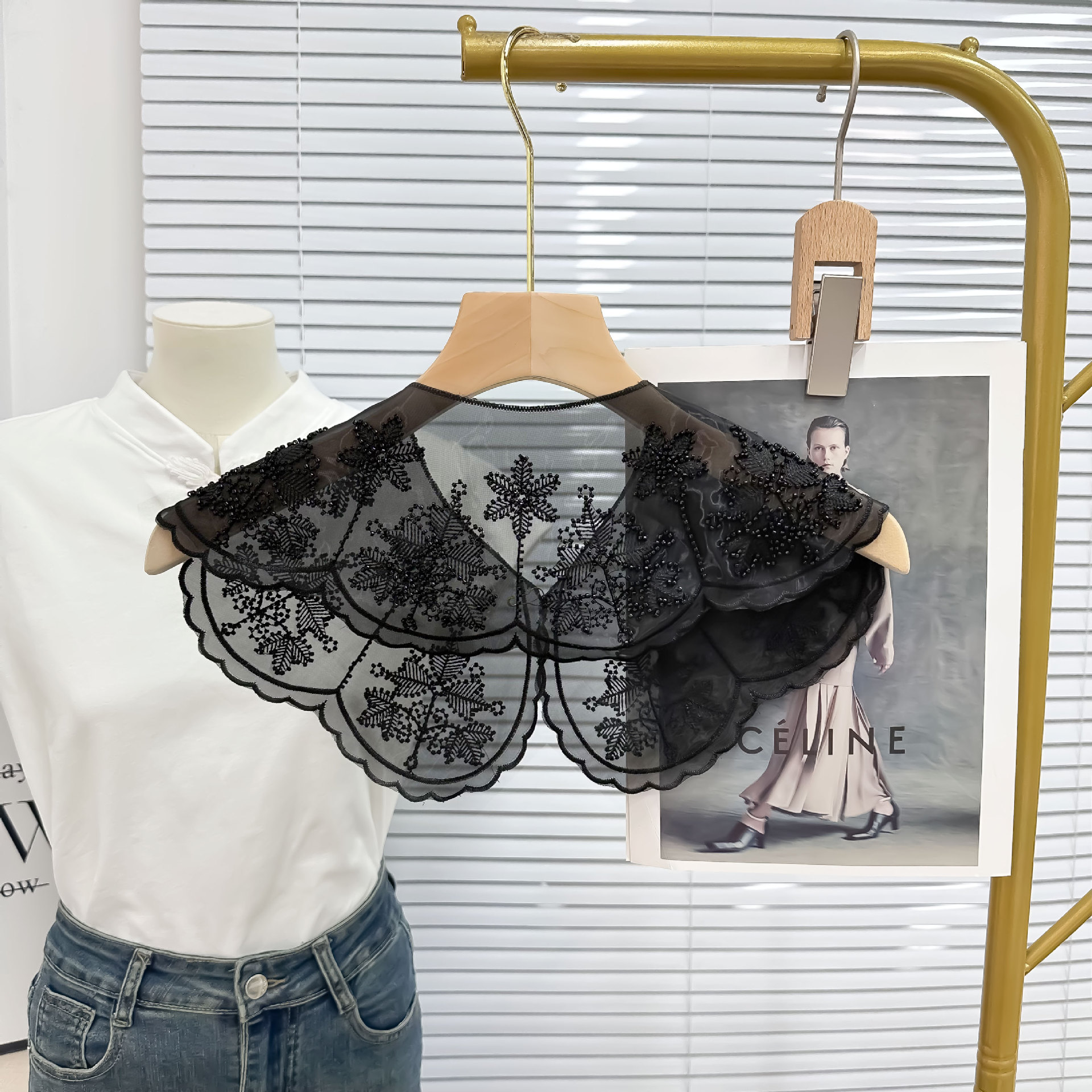 黑色欧根纱刺绣钉珠假领子新款服装连衣裙装饰衣领直销薄