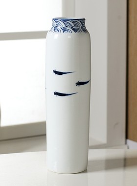 简约轻奢新中式家居客厅电视柜桌面软装样板房青花纹陶瓷装饰花瓶