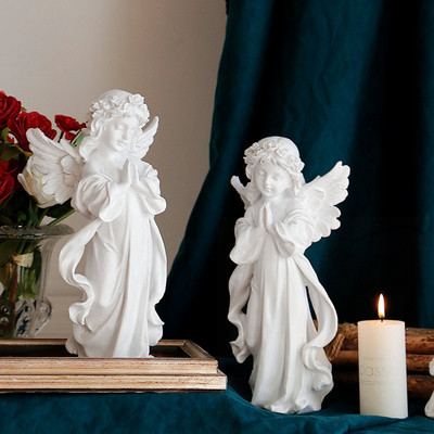 欧式复古做旧白色少女天使装饰品摆件美式石膏人物雕像小摆设礼物